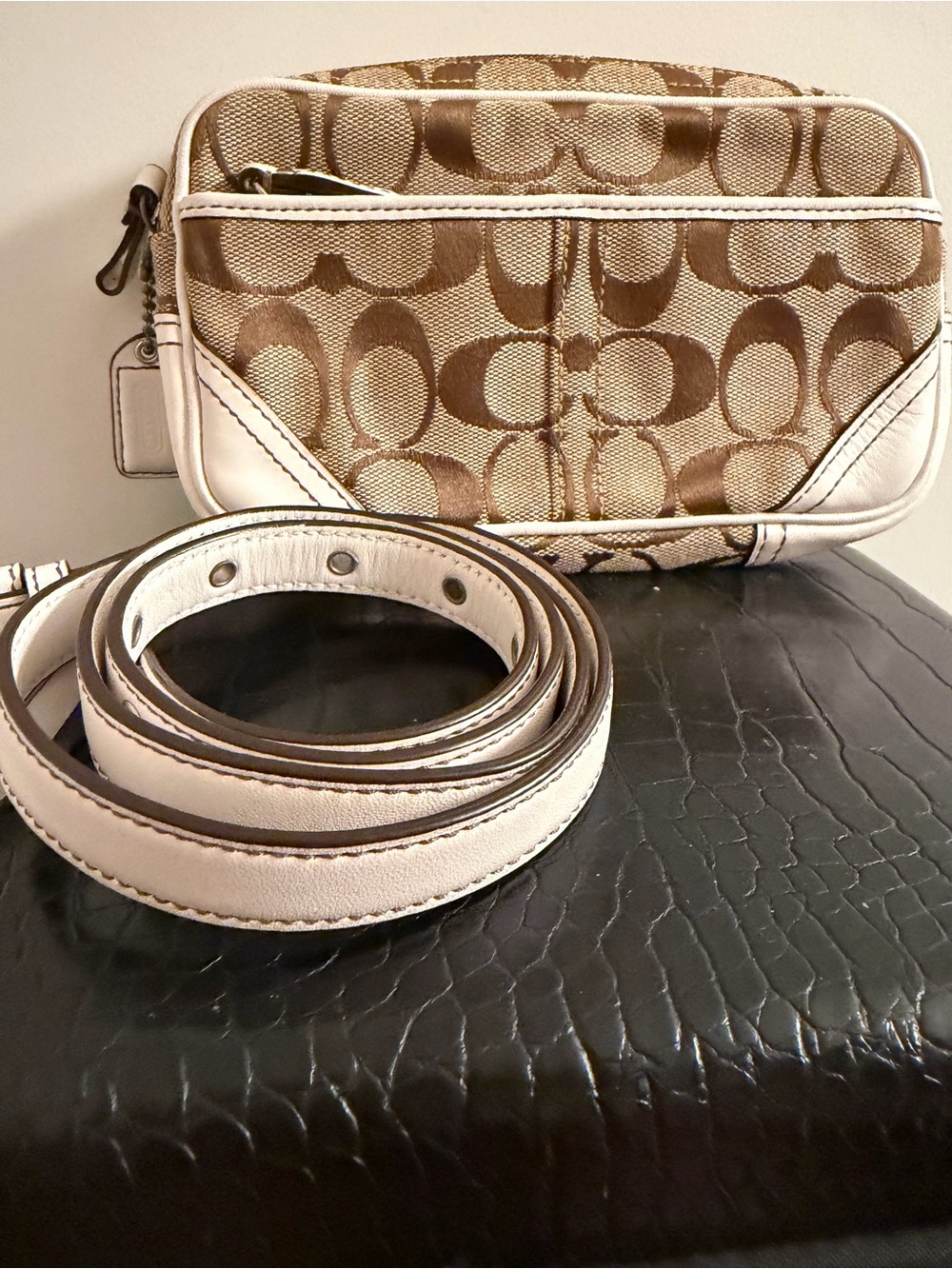 Coach Signature Waist Pouch in Tan Canvas with White Leather Trim